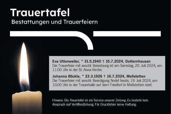 Traueranzeige von Bestattungen vom 19.07.2024 von SÜDWEST PRESSE Zollernalbkreis/Hohenzollerische Zeitung