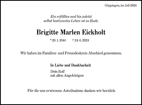 Traueranzeige von Brigitte Marlen Eickholt von NWZ Neue Württembergische Zeitung