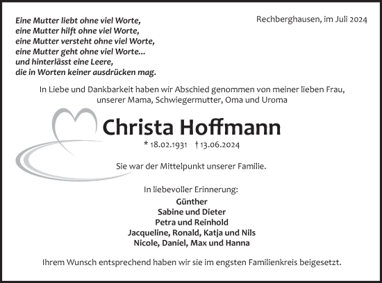 Traueranzeige von Christa Hoffmann von NWZ Neue Württembergische Zeitung