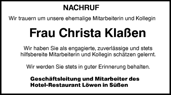 Traueranzeige von Christa Klaßen von NWZ Neue Württembergische Zeitung