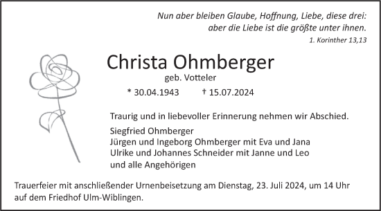Traueranzeige von Christa Ohmberger von SÜDWEST PRESSE Ausgabe Ulm/Neu-Ulm