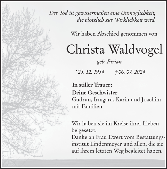 Traueranzeige von Christa Waldvogel von Hohenloher Tagblatt