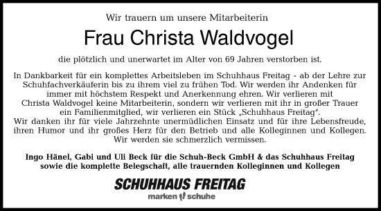 Traueranzeige von Christa Waldvogel von Hohenloher Tagblatt