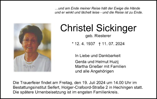 Traueranzeige von Christel Sickinger von SÜDWEST PRESSE Zollernalbkreis/Hohenzollerische Zeitung