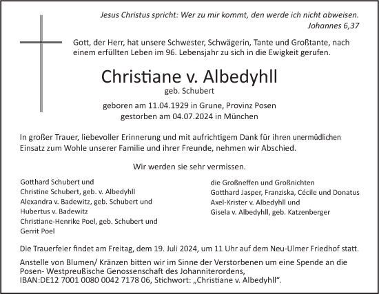 Traueranzeige von Christiane v. Albedyhll von SÜDWEST PRESSE Ausgabe Ulm/Neu-Ulm
