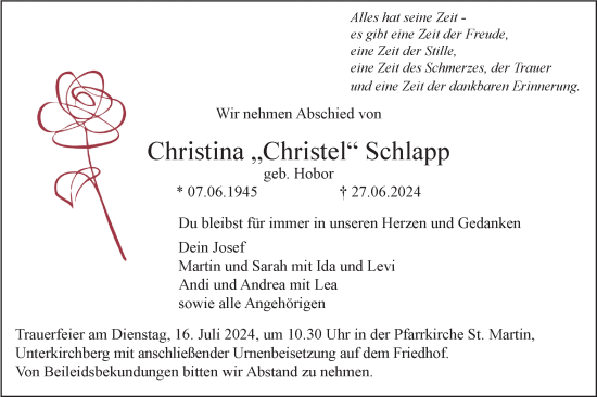 Traueranzeige von Christina  Schlapp von SÜDWEST PRESSE Ausgabe Ulm/Neu-Ulm