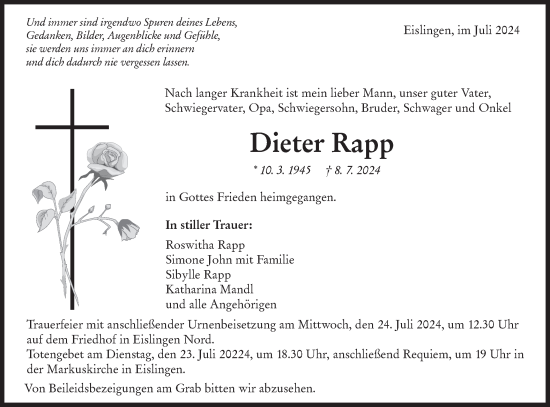 Traueranzeige von Dieter Rapp von NWZ Neue Württembergische Zeitung
