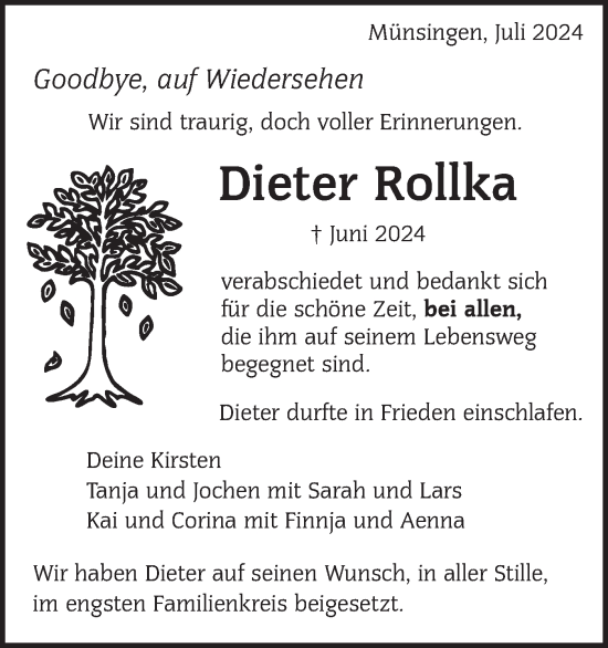 Traueranzeige von Dieter Rollka von Alb-Bote/Metzinger-Uracher Volksblatt