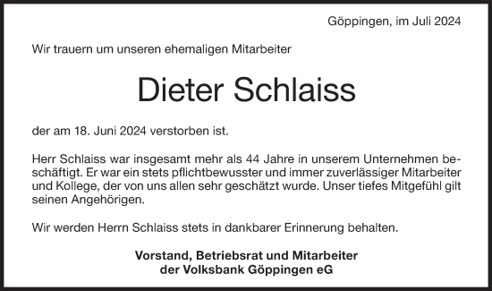 Traueranzeige von Dieter Schlaiss von Geislinger Zeitung