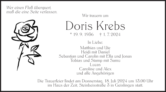 Traueranzeige von Doris Krebs von Geislinger Zeitung