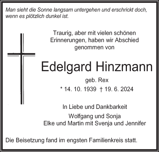 Traueranzeige von Edelgard Hinzmann von SÜDWEST PRESSE Zollernalbkreis/Hohenzollerische Zeitung