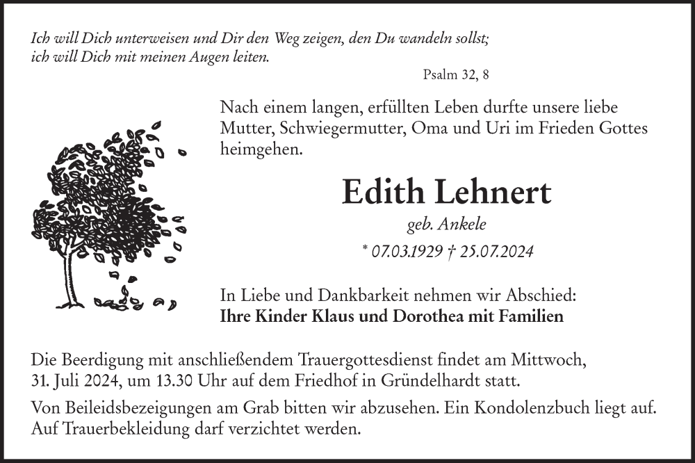  Traueranzeige für Edith Lehnert vom 30.07.2024 aus Hohenloher Tagblatt