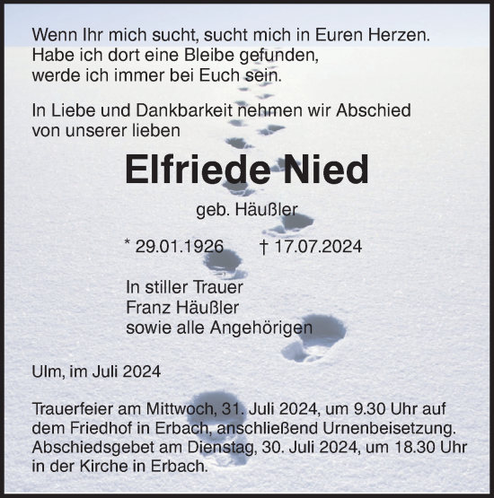 Traueranzeige von Elfriede Nied von SÜDWEST PRESSE Ausgabe Ulm/Neu-Ulm