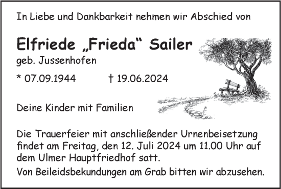 Traueranzeige von Elfriede Sailer von SÜDWEST PRESSE Ausgabe Ulm/Neu-Ulm