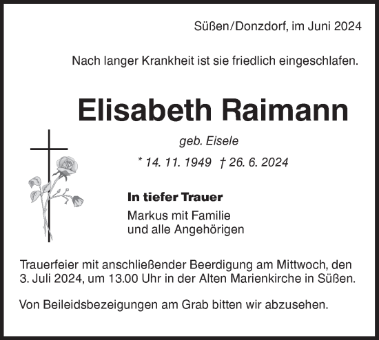 Traueranzeige von Elisabeth Raimann von NWZ Neue Württembergische Zeitung