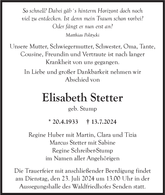 Traueranzeige von Elisabeth Stetter von SÜDWEST PRESSE Ausgabe Ulm/Neu-Ulm
