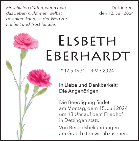 Traueranzeige von Elsbeth Eberhardt von Alb-Bote/Metzinger-Uracher Volksblatt