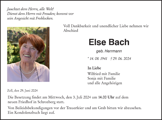 Traueranzeige von Else Bach von Hohenloher Tagblatt