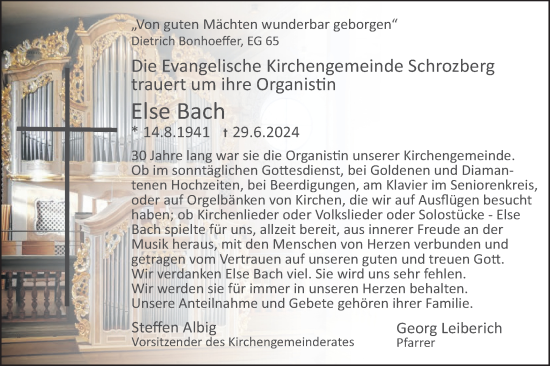 Traueranzeige von Else Bach von Hohenloher Tagblatt