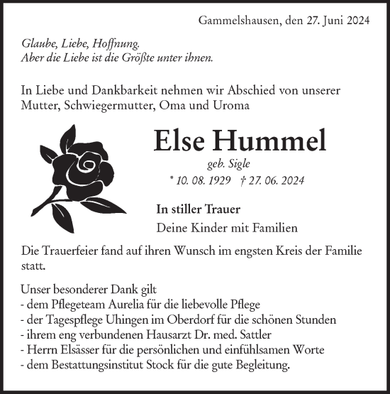 Traueranzeige von Else Hummel von NWZ Neue Württembergische Zeitung