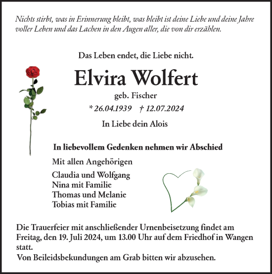 Traueranzeige von Elvira Wolfert von NWZ Neue Württembergische Zeitung