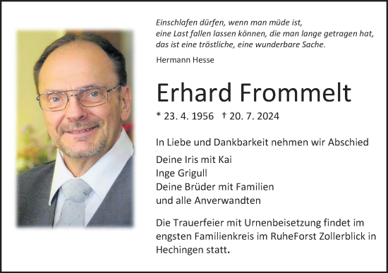 Traueranzeige von Erhard Frommelt von SÜDWEST PRESSE Zollernalbkreis/Hohenzollerische Zeitung