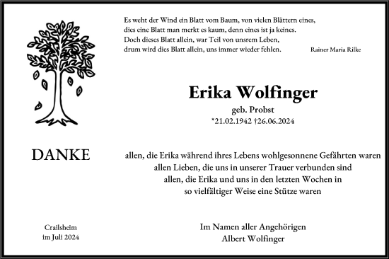 Traueranzeige von Erika Wolfinger von Hohenloher Tagblatt