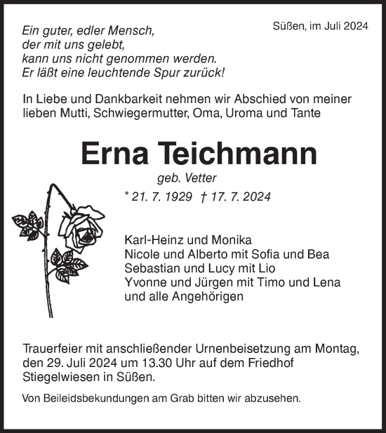 Traueranzeige von Erna Teichmann von NWZ Neue Württembergische Zeitung