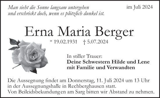 Traueranzeige von Erna Maria Berger von NWZ Neue Württembergische Zeitung