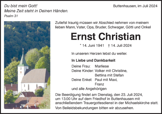 Traueranzeige von Ernst Christian von Alb-Bote/Metzinger-Uracher Volksblatt