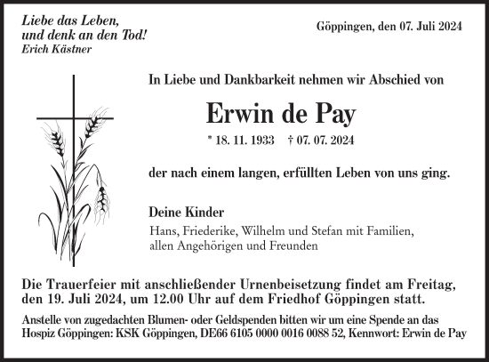 Traueranzeige von Erwin de Pay von NWZ Neue Württembergische Zeitung