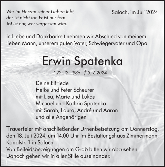 Traueranzeige von Erwin Spatenka von NWZ Neue Württembergische Zeitung