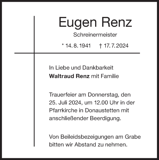 Traueranzeige von Eugen Renz von SÜDWEST PRESSE Ausgabe Ulm/Neu-Ulm