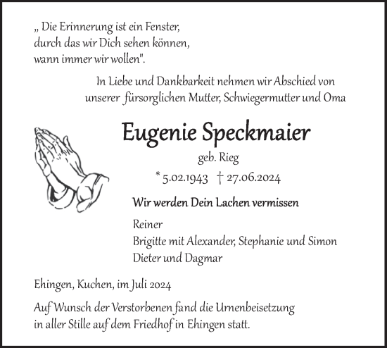 Traueranzeige von Eugenie Speckmaier von Geislinger Zeitung