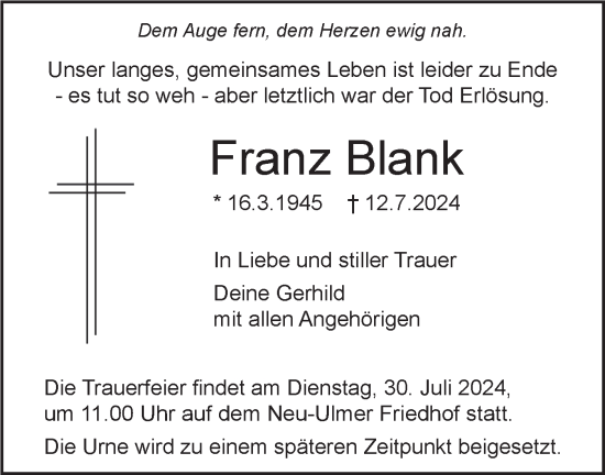 Traueranzeige von Franz Blank von SÜDWEST PRESSE Ausgabe Ulm/Neu-Ulm/Neu-Ulmer Zeitung