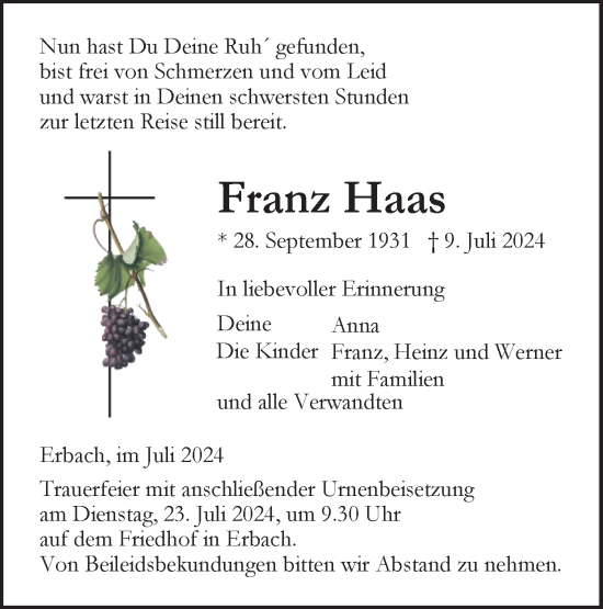 Traueranzeige von Franz Haas von SÜDWEST PRESSE Ausgabe Ulm/Neu-Ulm