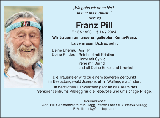 Traueranzeige von Franz Pill von Das Blaumännle/Ehinger Tagblatt
