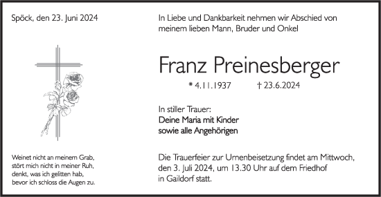 Traueranzeige von Franz Preinesberger von Rundschau Gaildorf