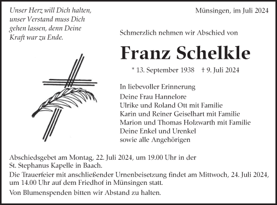 Traueranzeige von Franz Schelkle von Alb-Bote/Metzinger-Uracher Volksblatt
