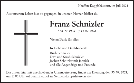 Traueranzeige von Franz Schnizler von Alb-Bote/Metzinger-Uracher Volksblatt