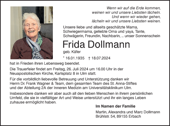 Traueranzeige von Frida Dollmann von SÜDWEST PRESSE Ausgabe Ulm/Neu-Ulm