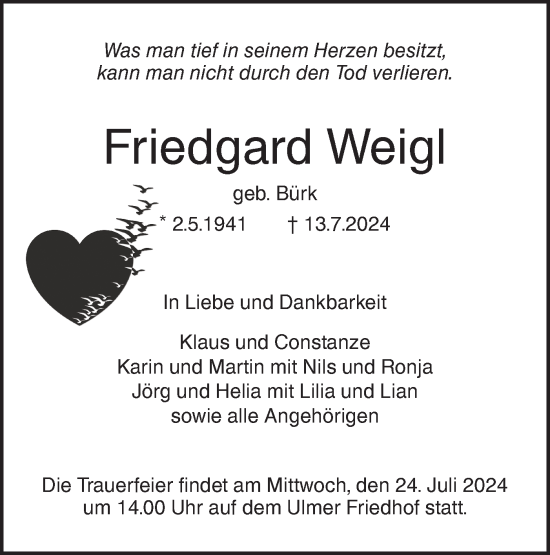 Traueranzeige von Friedgard Weigl von SÜDWEST PRESSE Ausgabe Ulm/Neu-Ulm