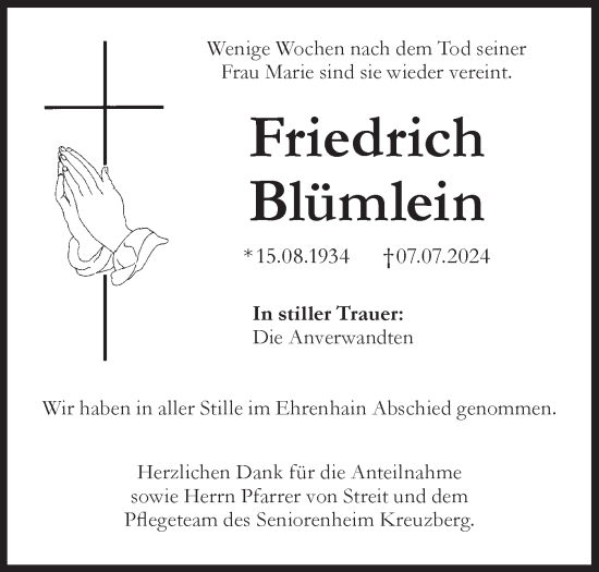 Traueranzeige von Friedrich Blümlein von Hohenloher Tagblatt