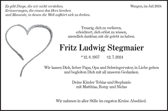 Traueranzeige von Fritz Ludwig Stegmaier von NWZ Neue Württembergische Zeitung