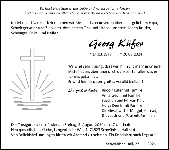 Traueranzeige von Georg Küfer von Haller Tagblatt