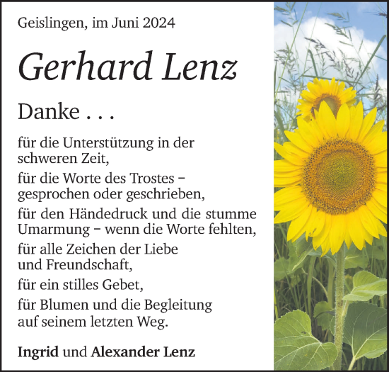 Traueranzeige von Gerhard Lenz von Geislinger Zeitung