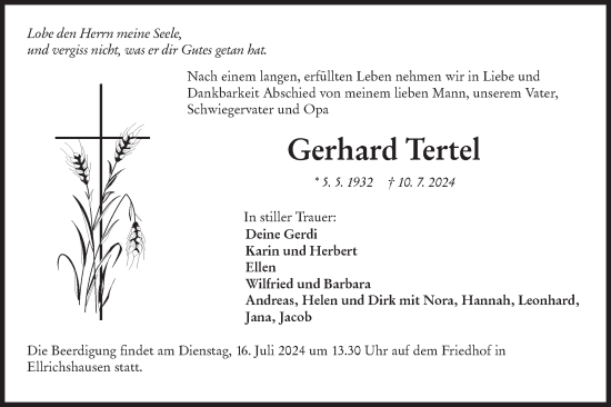 Traueranzeige von Gerhard Tertel von Hohenloher Tagblatt