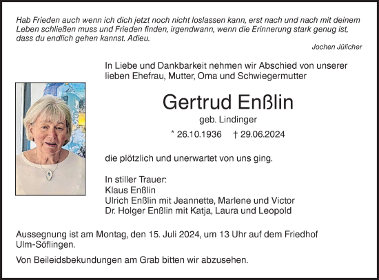 Traueranzeige von Gertrud Enßlin von SÜDWEST PRESSE Ausgabe Ulm/Neu-Ulm