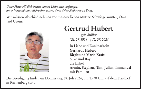 Traueranzeige von Gertrud Hubert von Hohenloher Tagblatt
