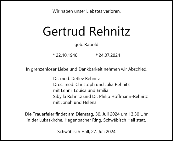 Traueranzeige von Gertrud Rehnitz von Haller Tagblatt